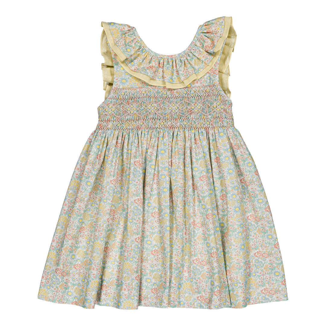 Floral dress with ruffled sleeves on a white background