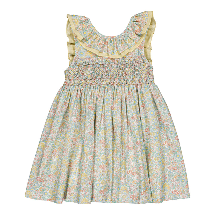 Floral dress with ruffled sleeves on a white background