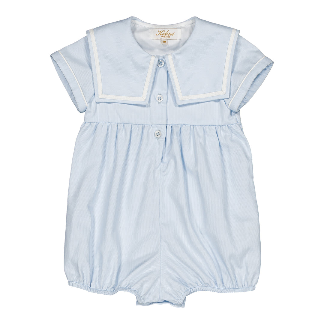 Light blue baby romper with white trim on a white background