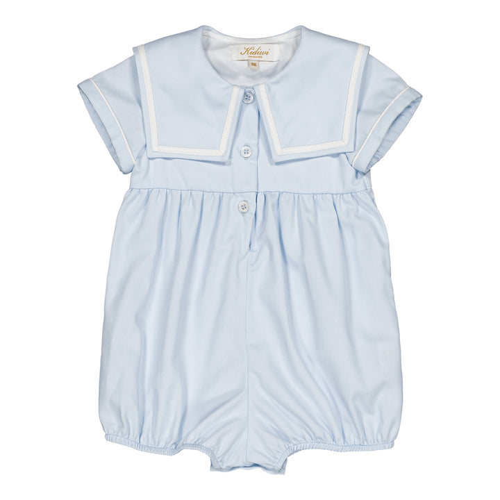 Light blue baby romper with white trim on a white background