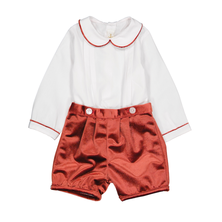 Barnabé set with white poplin shirt and burgundy velvet shorts