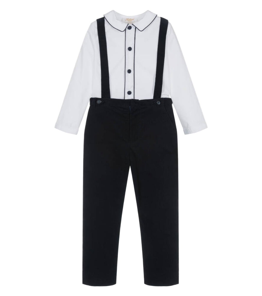 Black overalls with a white shirt on a white background