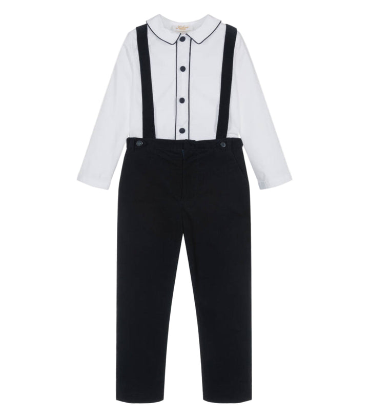 Black overalls with a white shirt on a white background