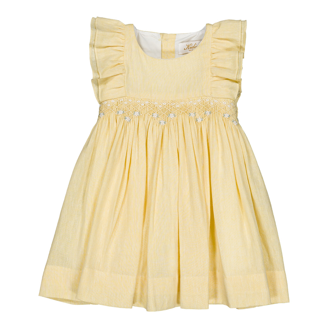 Yellow dress with ruffled sleeves on a white background