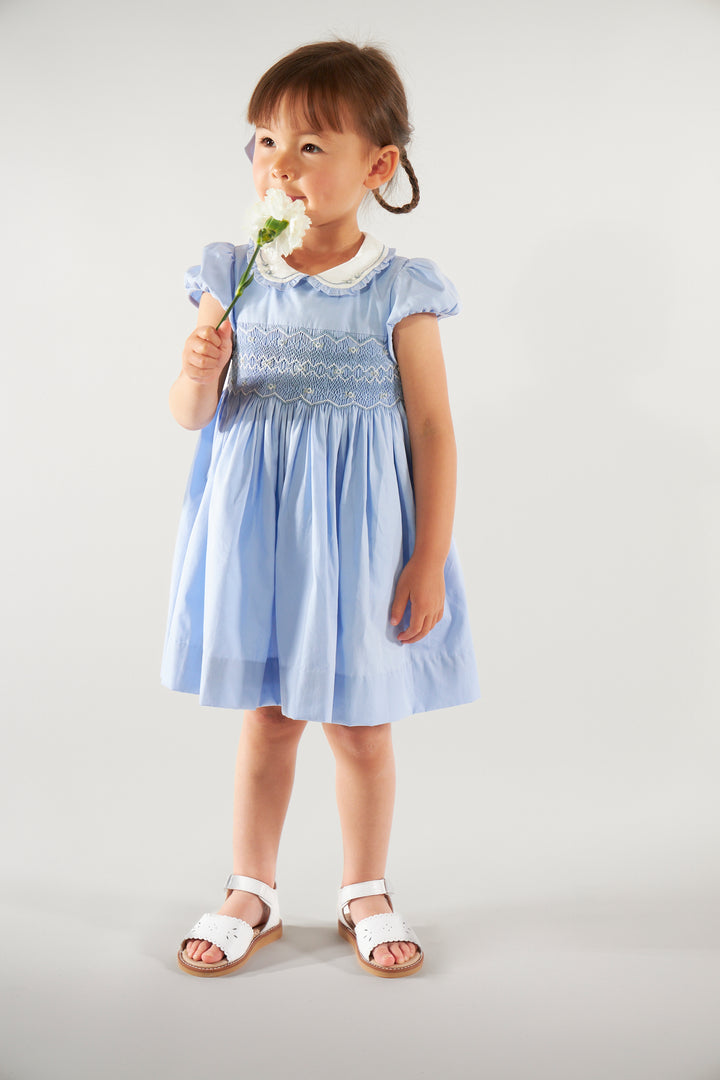 Young girl wearing a light blue dress with lace details, holding a flower against a plain background