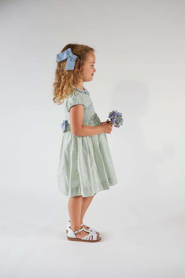 Young girl in a light green dress holding flowers against a white background