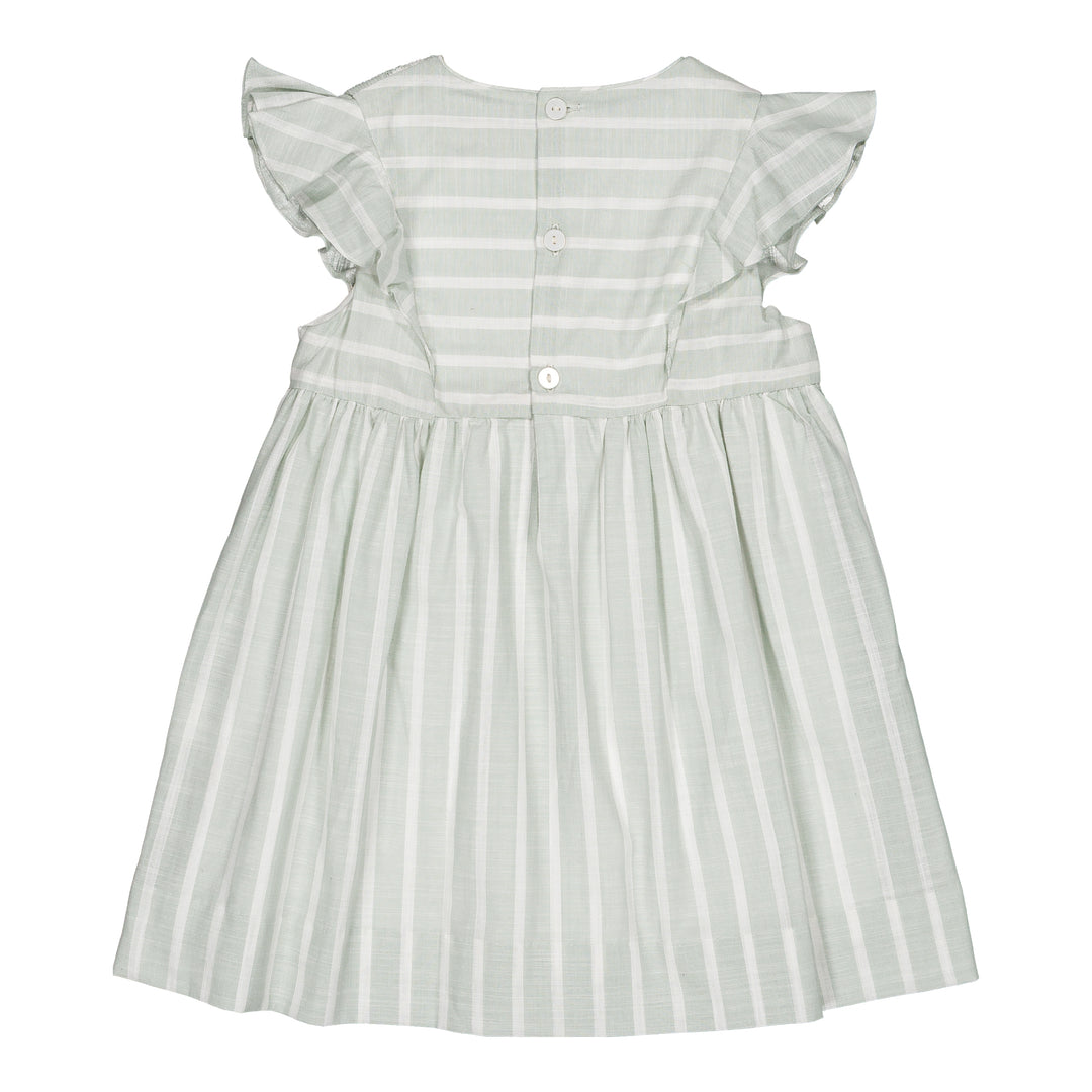 White dress with green stripes and ruffled sleeves on a white background