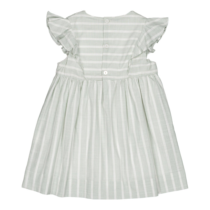 White dress with green stripes and ruffled sleeves on a white background