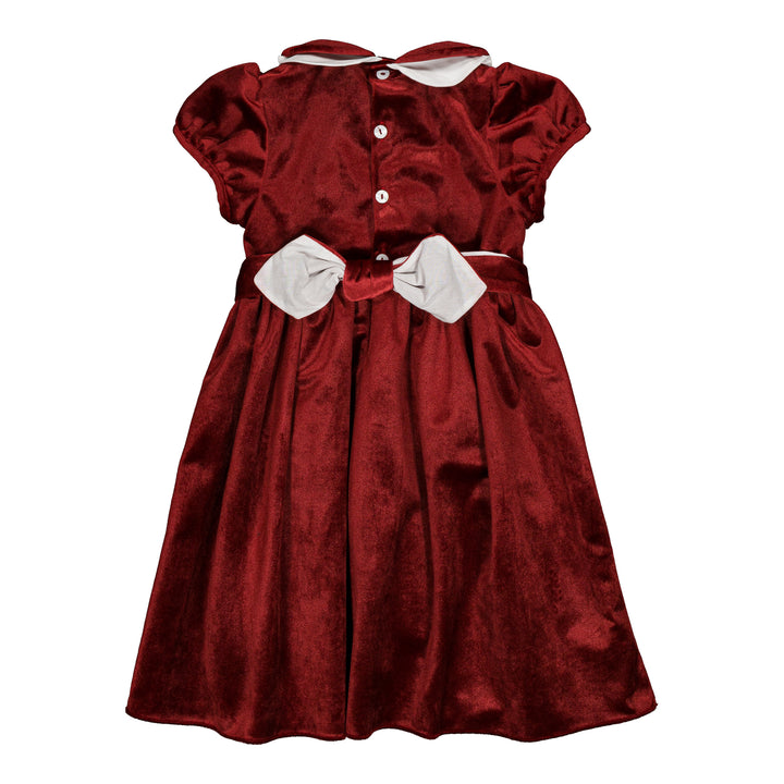 back view of girls velvet burgundy dress