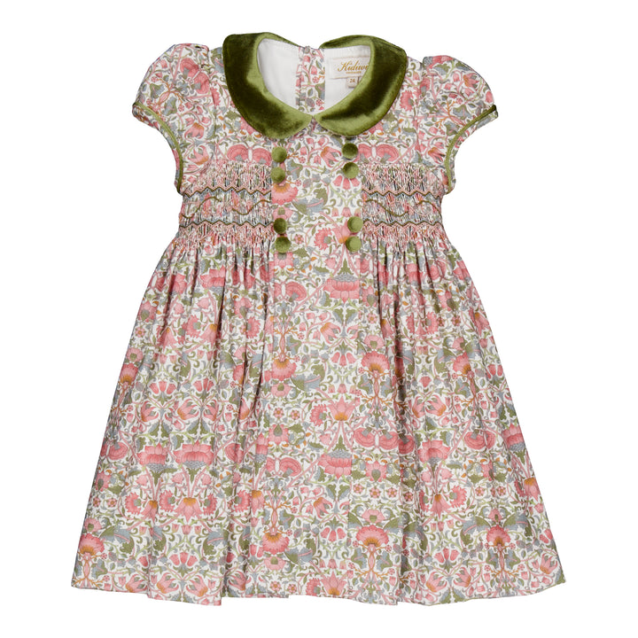 Rison Smocked Dress in Baroque Rose with Olive Green Velvet Trim