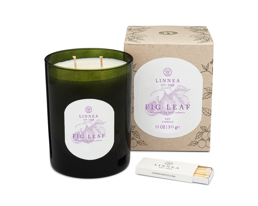 Linnea Fig Leaf candle with packaging and matches on a white background