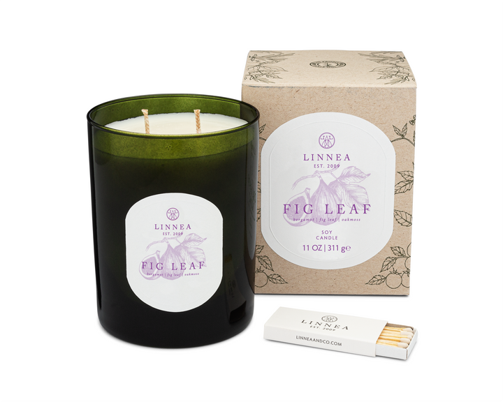 Linnea Fig Leaf candle with packaging and matches on a white background