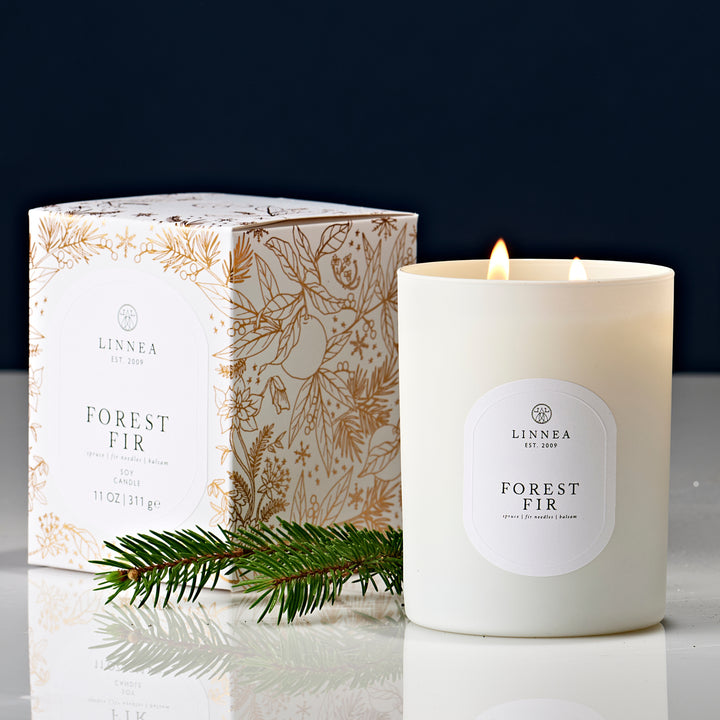 Linnea Forest Fir candle with packaging and a branch on a reflective surface