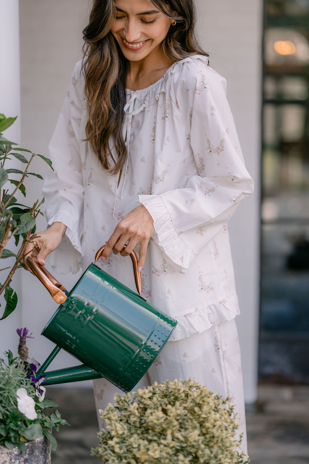 Lenora Lucy Ruffle Long Sleeve Pajama Set White with Pink Floral
