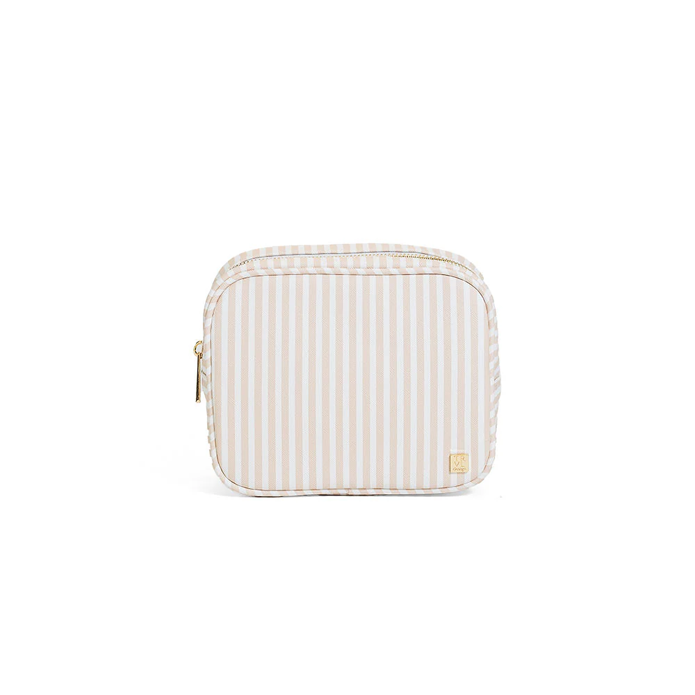 Small striped pouch with a gold zipper on a white background