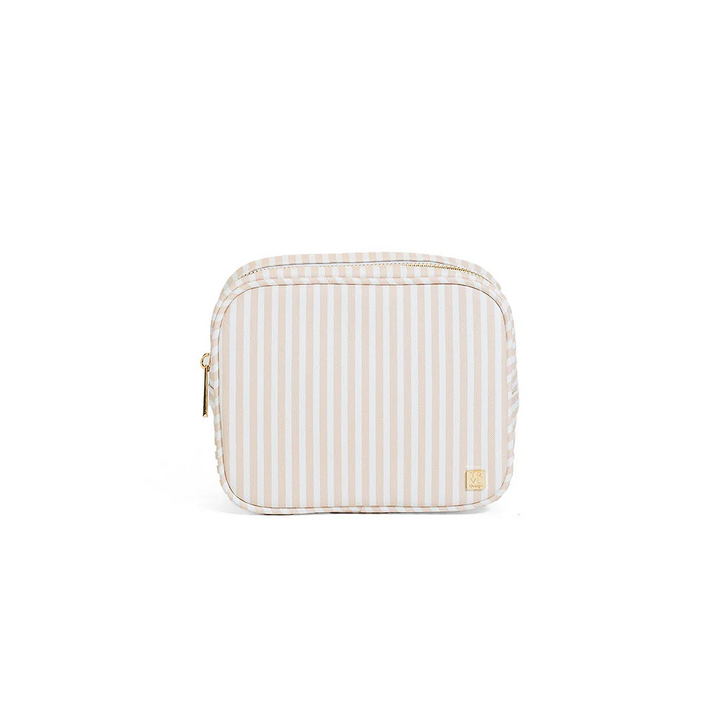 Small striped pouch with a gold zipper on a white background