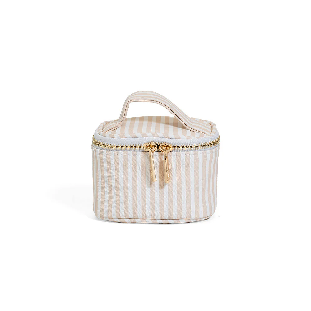 Striped storage basket with a handle on a white background