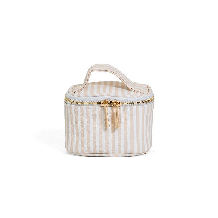 Striped storage basket with a handle on a white background