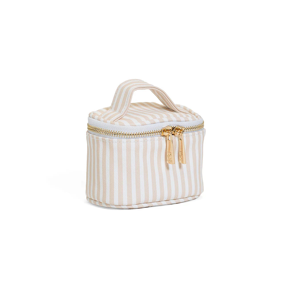 Striped cosmetic bag with gold zipper on a white background