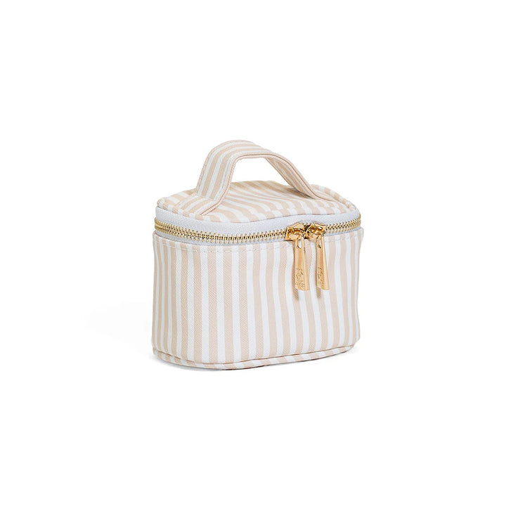Striped cosmetic bag with gold zipper on a white background