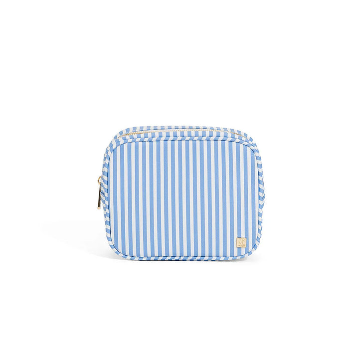 Blue and white striped pouch on a white background