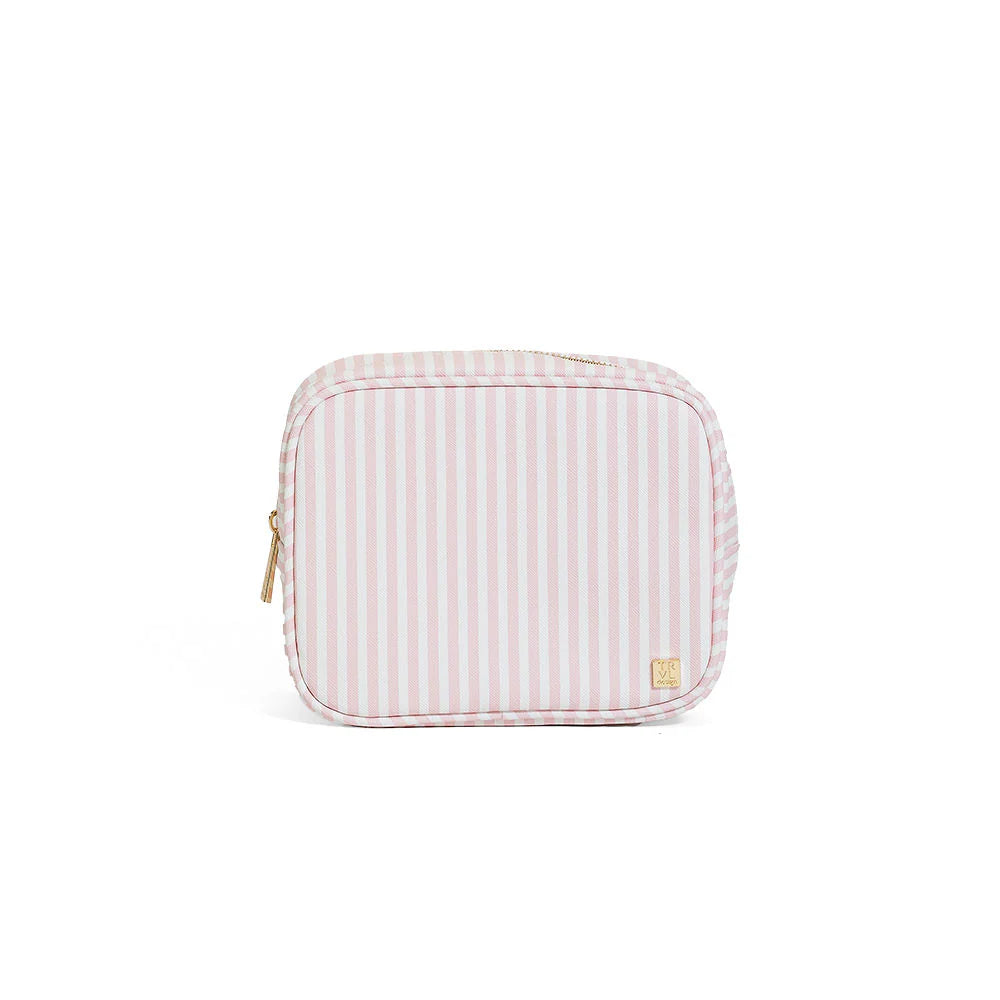 Pink striped pouch with a gold zipper on a white background