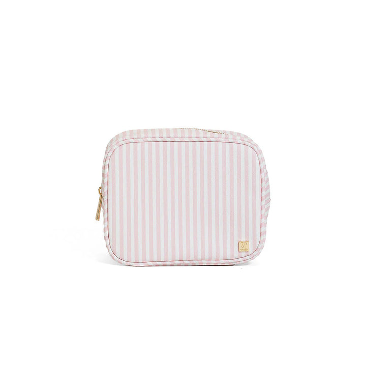 Pink striped pouch with a gold zipper on a white background