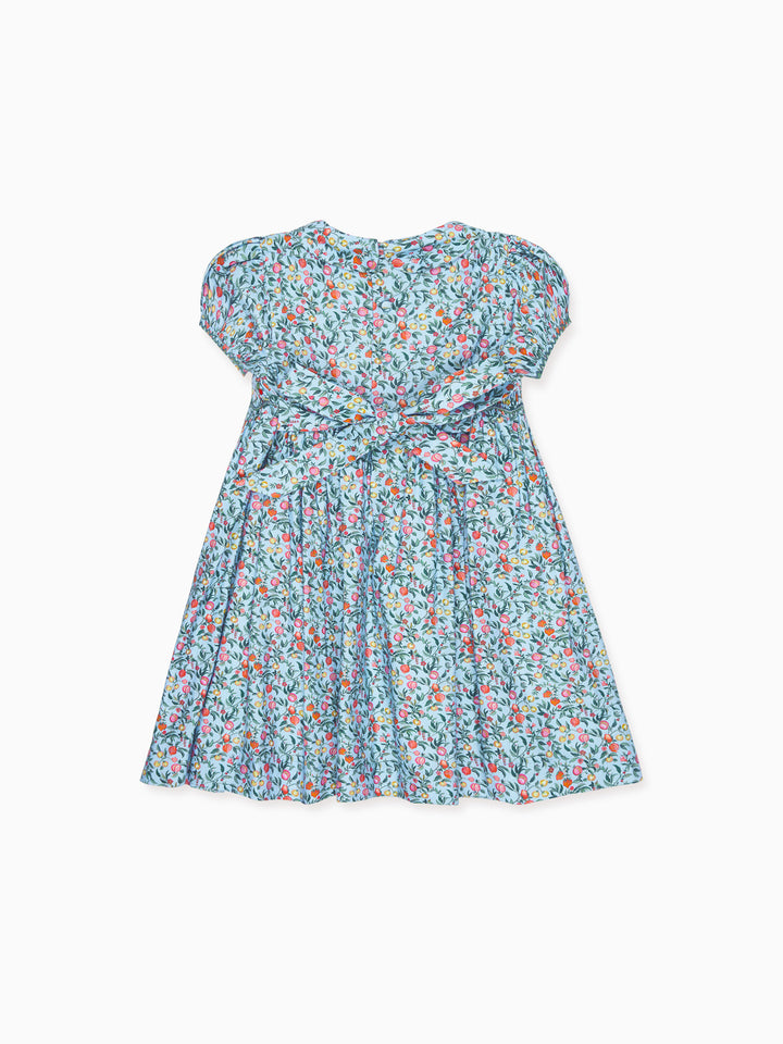 A short-sleeved babydoll dress with a light blue and white floral print, featuring a gathered waist and tie detail, shown against a plain white background.