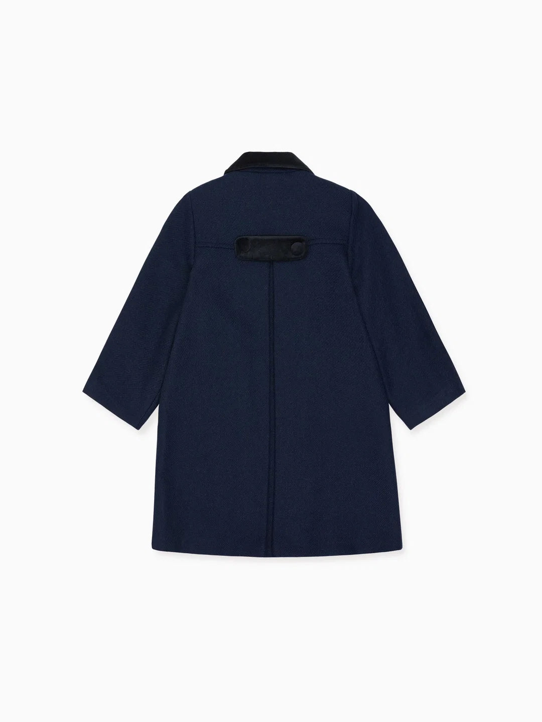 A navy blue coat shown from the back, featuring a collar and a small black rectangular detail at the center back, displayed on a clean white background.