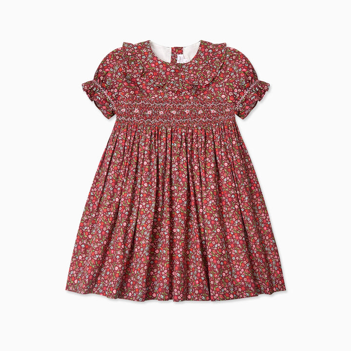 A toddler girl's short-sleeve dress with a red and white floral print, featuring a smocked bodice and ruffled collar, shown flat on a white background.