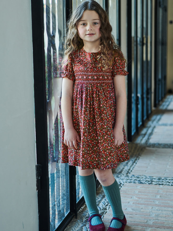 La Coqueta Burgundy Floral Silvana Girl Hand-Smocked Dress