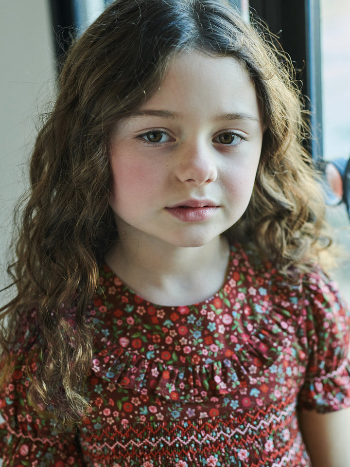 La Coqueta Burgundy Floral Silvana Girl Hand-Smocked Dress