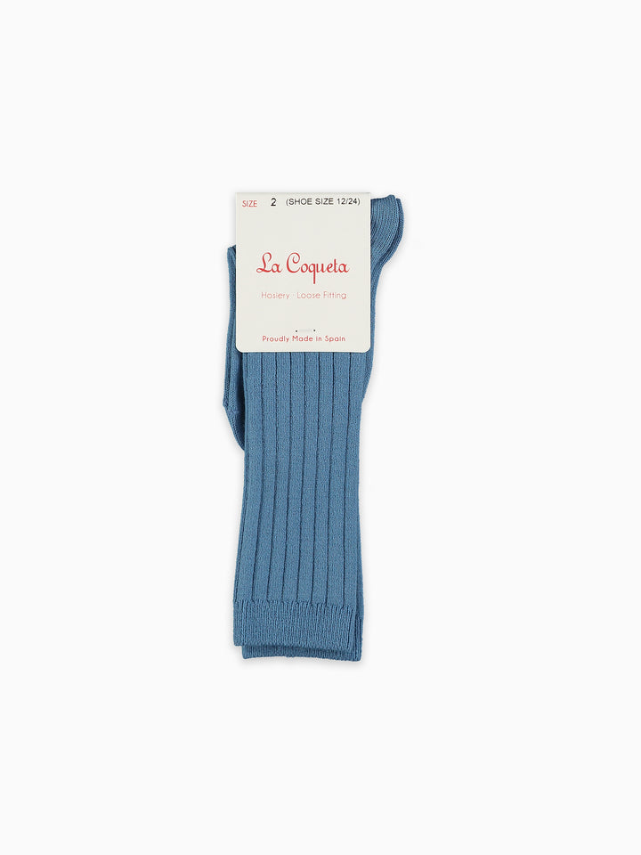 Blue sock on a white background with 'La Coqueta' label