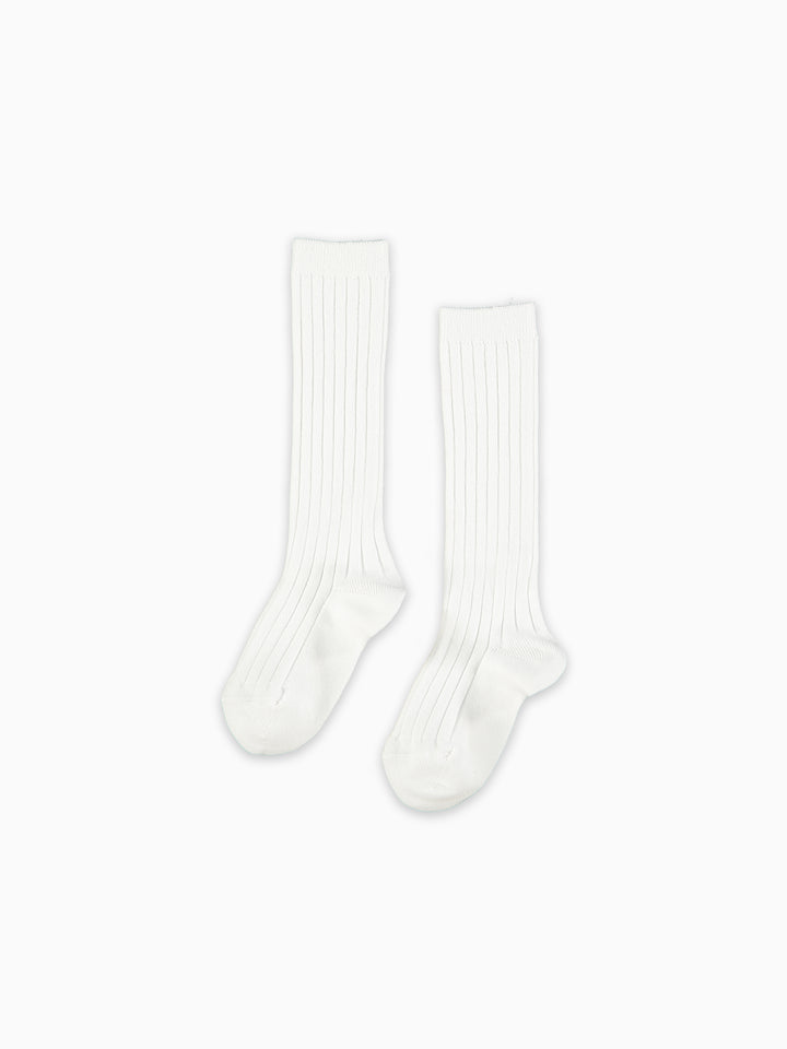A pair of off-white ribbed knee-high socks displayed against a solid white background.