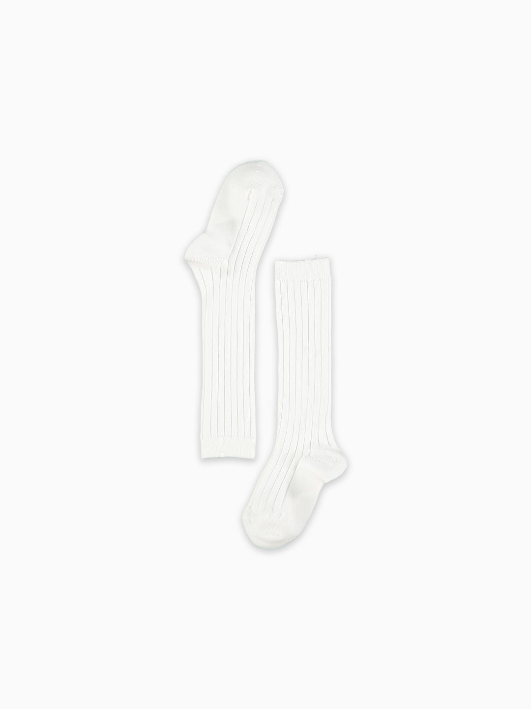 A pair of white ribbed crew socks displayed flat against a solid white background.