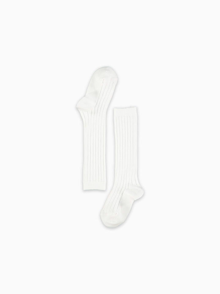 A pair of white ribbed crew socks displayed flat against a solid white background.