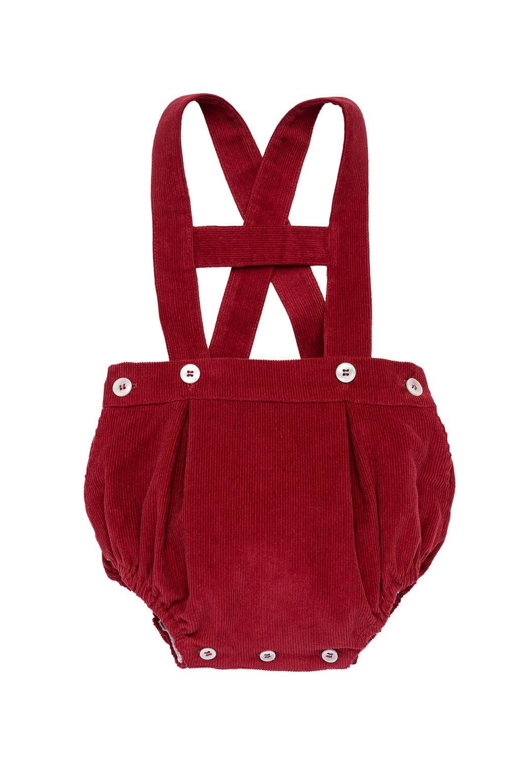 Leonardo Cherry Cotton Corduroy Baby Romper. Crossed Strap Vintage Inspired Baby Romper. Petite Carlota Handcrafted Spanish Baby Outfit.