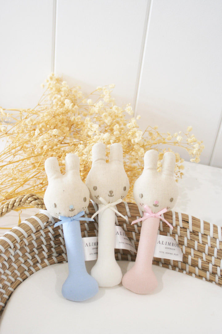 Alimrose Linen Bunny Stick Rattle – Ivory