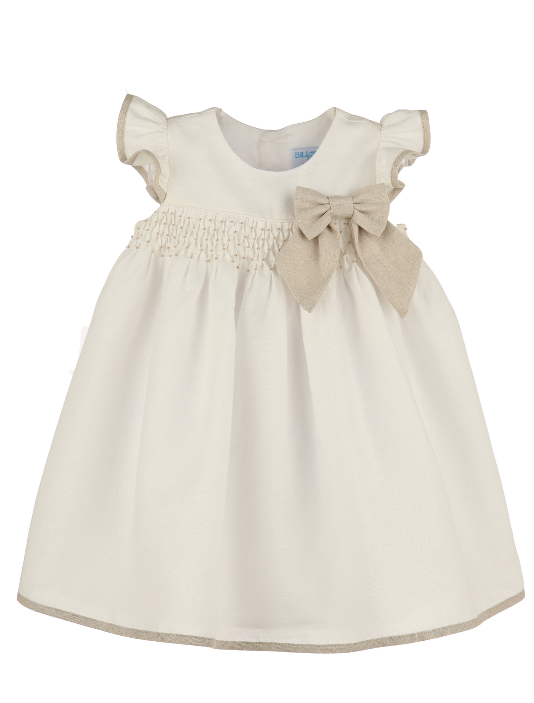 Luli & Me Girls Ivory Linen Blend Honey Comb Smocked Dress with Bow - 24M Luli & Me Girls Ivory Linen Blend Honey Comb Smocked Dress with Bow - 24M