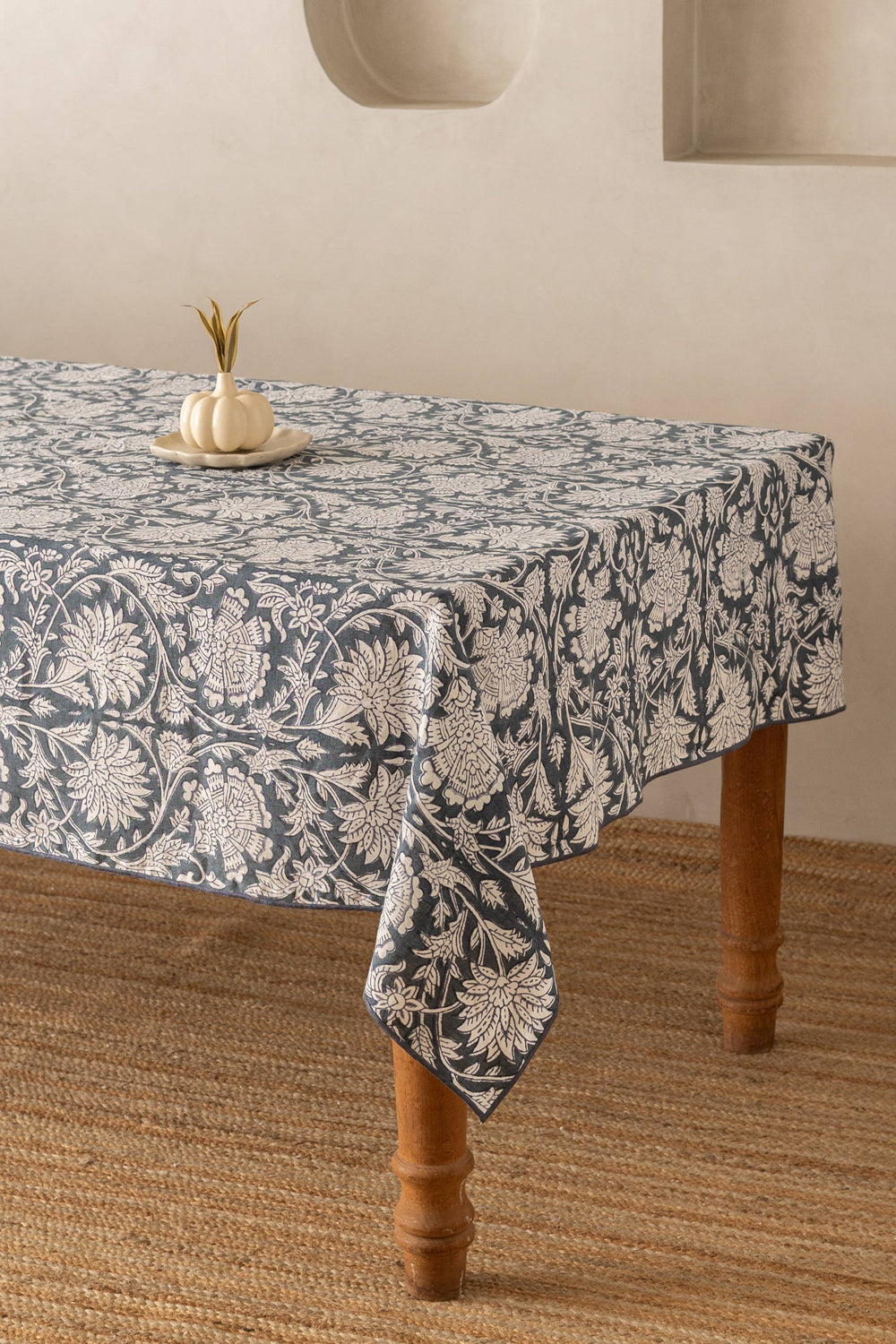 Navy Floral Tablecloth show on wooden Table