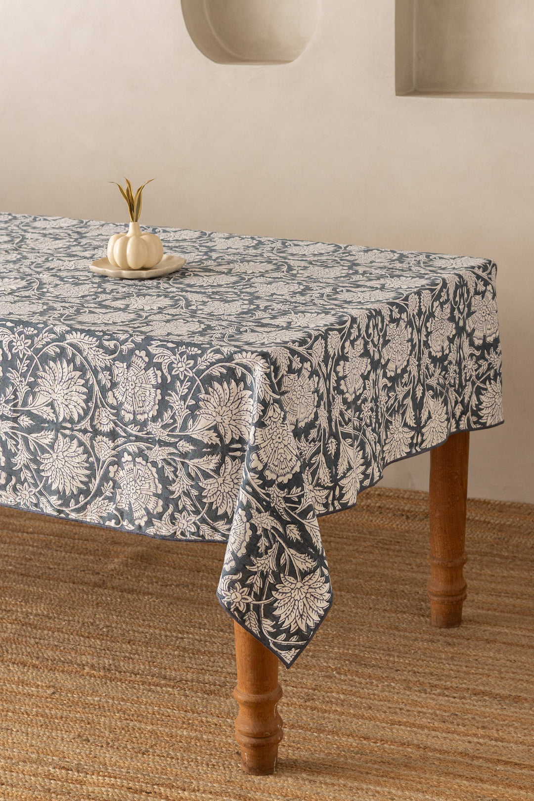 Navy Floral Tablecloth show on wooden Table