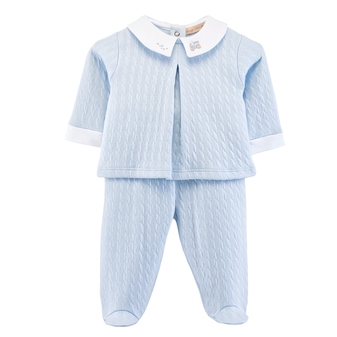 Two piece baby boy blue set with embroidered train