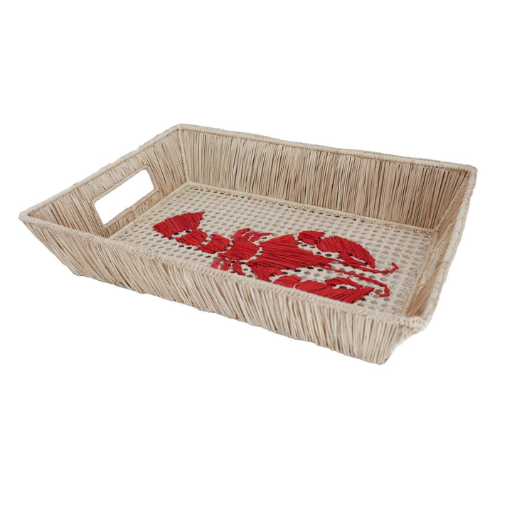 Woven tray with red lobster design on a white background