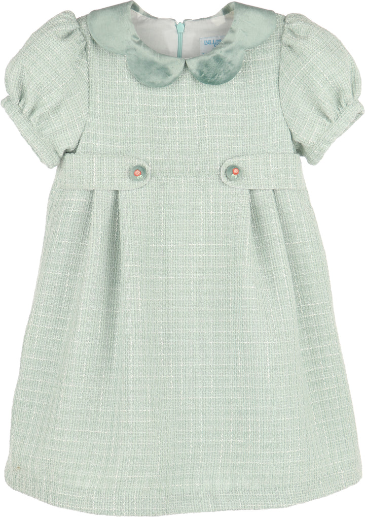 Luli & Me Chanel Dress in mint green tweed with satin Peter Pan collar, front view