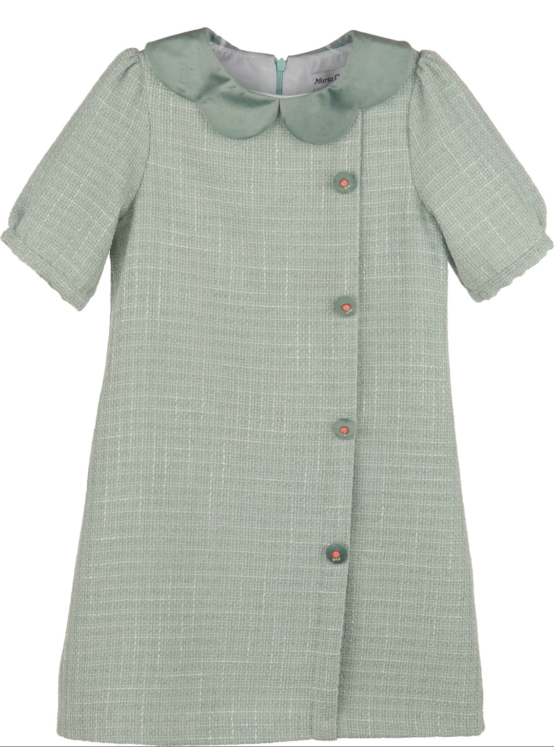 A light sage green tweed dress with a Peter Pan collar and front buttons, shown against a plain white background.