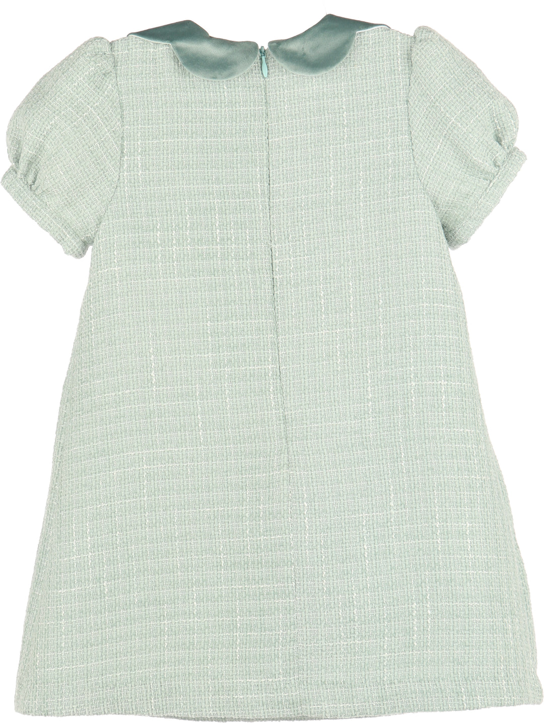 Luli & Me Chanel Dress in mint green tweed, back view showing zipper closure