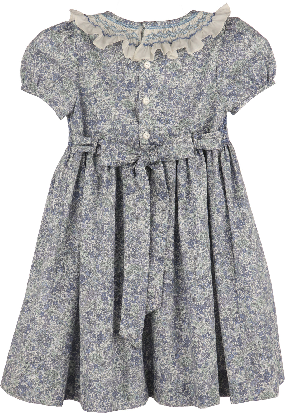 Luli & Me Fall Bloom Collar Dress in grey-blue floral print with short puff sleeves, front view