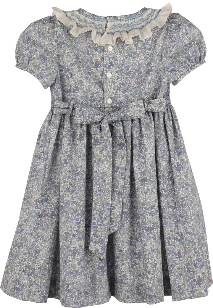 Luli & Me Fall Bloom Collar Dress in grey-blue floral print with short puff sleeves, front view