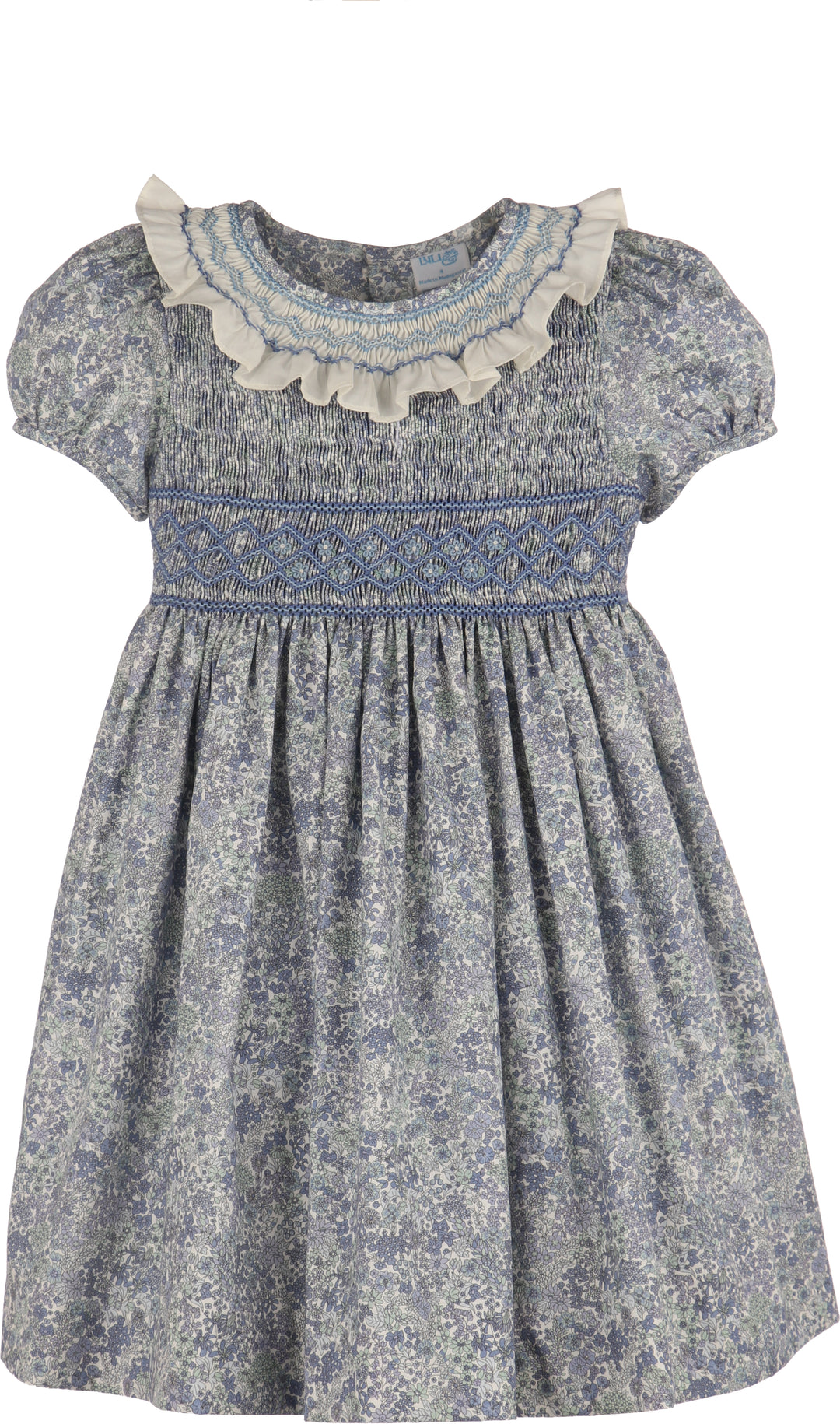 Luli & Me Fall Bloom Collar Dress in blue floral print, back view