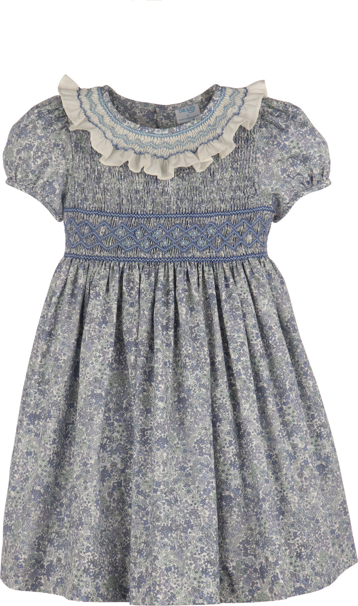 Luli & Me Fall Bloom Collar Dress in blue floral print, back view